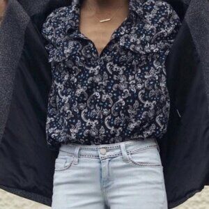 PAIGE Black Blue White Paisley Print Long Sleeve Lightweight Rayon Button Down